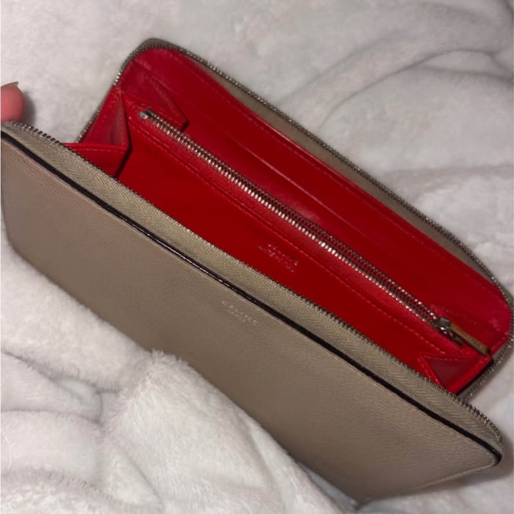 CELINE Zip Around Long Leather Wallet Beige Authentic